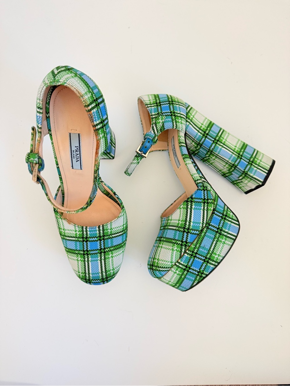 Prada SS17 Plaid Platform Mary Jane Pumps Green Blue Chunky Heel 39